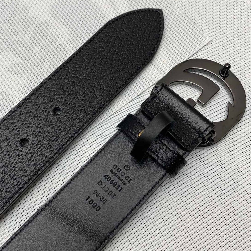 Unisex Gucci Black Leather Interlocking G Gunmetal Buckle Belt - Picture 4 of 5